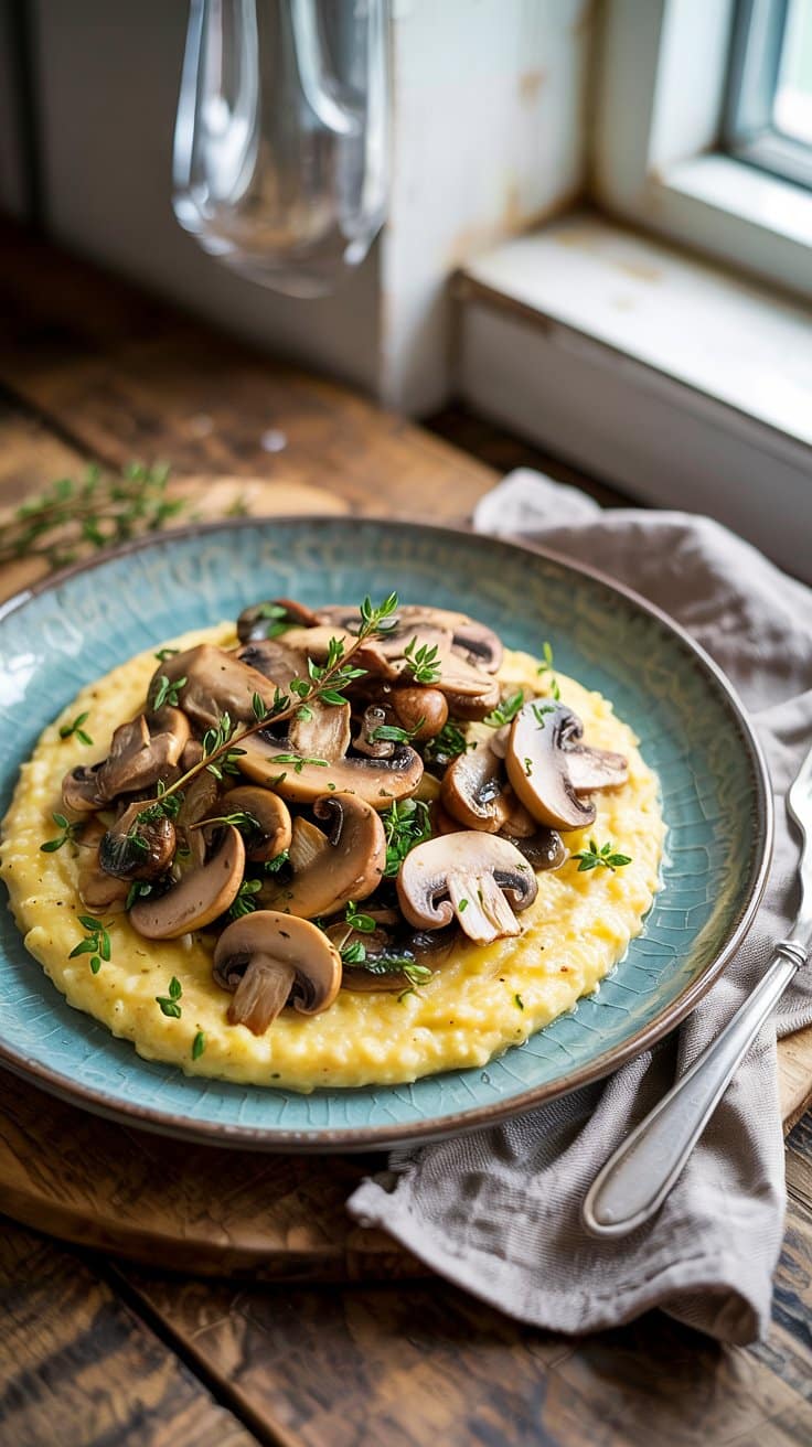 Polenta crémeuse aux champignons et herbes fraîches.