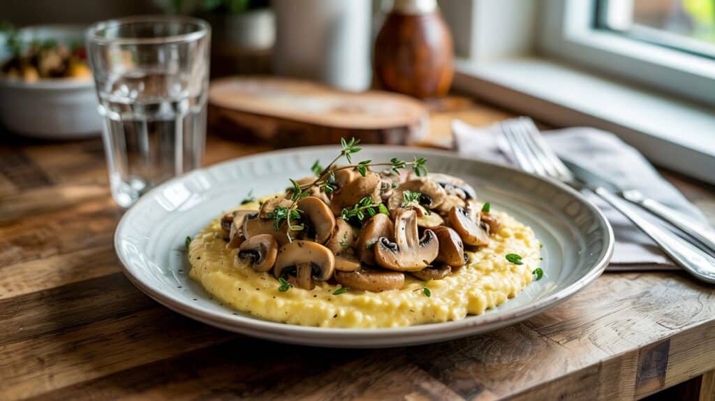 Assiette de risotto aux champignons sur table en bois.