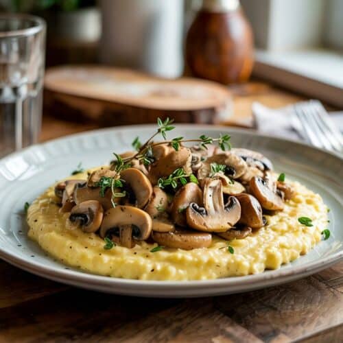 Assiette de risotto aux champignons sur table en bois.