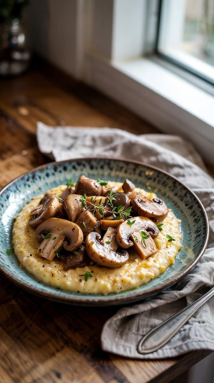 Risotto crémeux aux champignons et herbes sur table