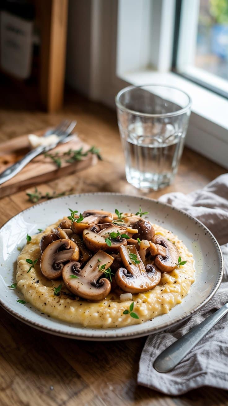 Risotto crémeux aux champignons et thym frais.