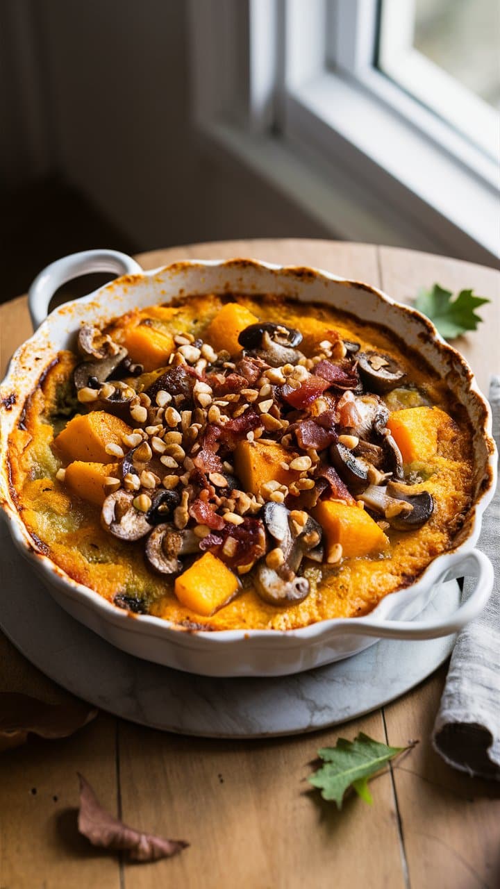 Gratin automnal avec courge, champignons et noix.