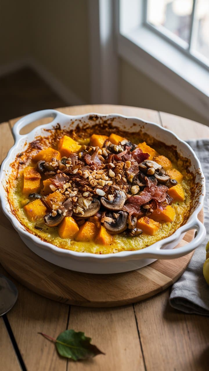 Gratin de butternut aux champignons et noix.