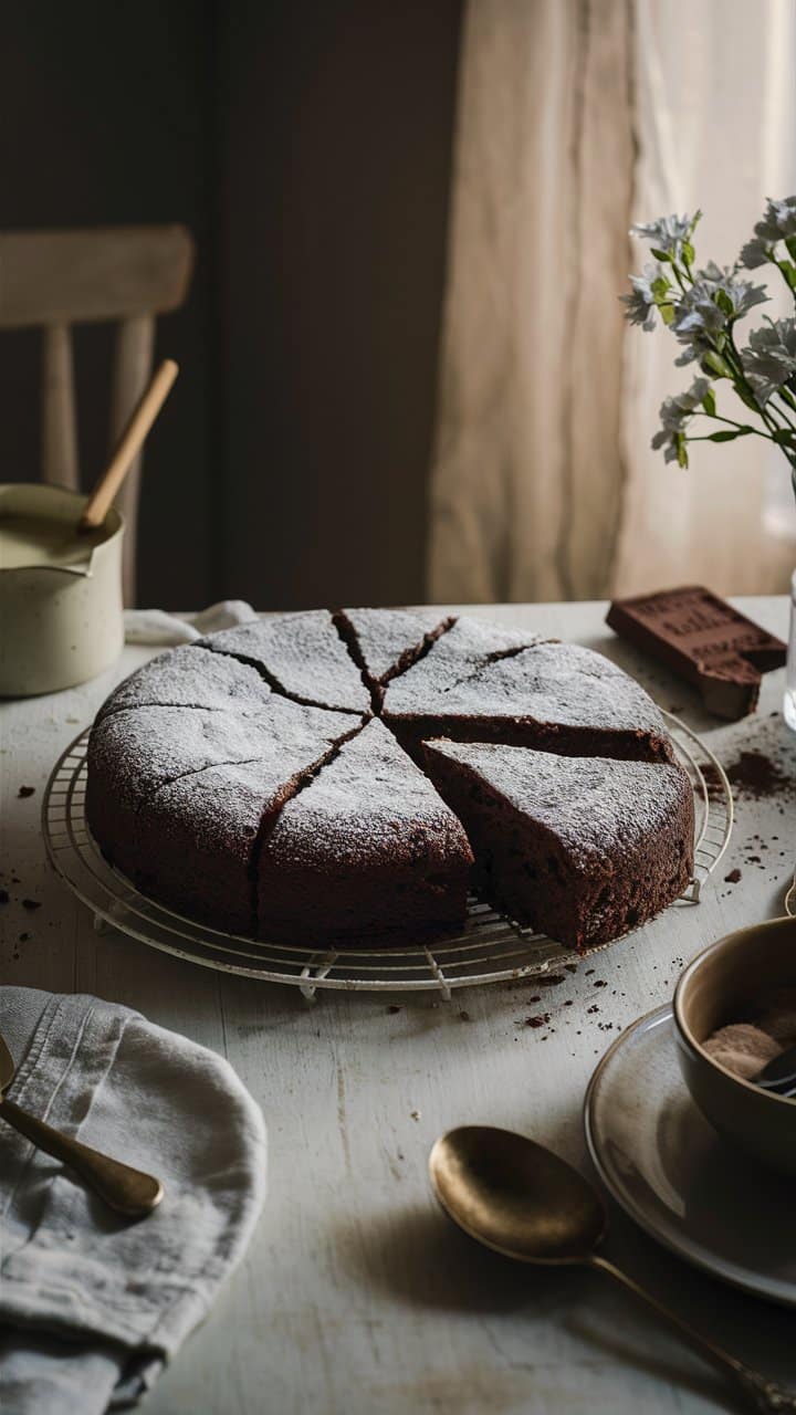 Gâteau au chocolat saupoudré de sucre glace.