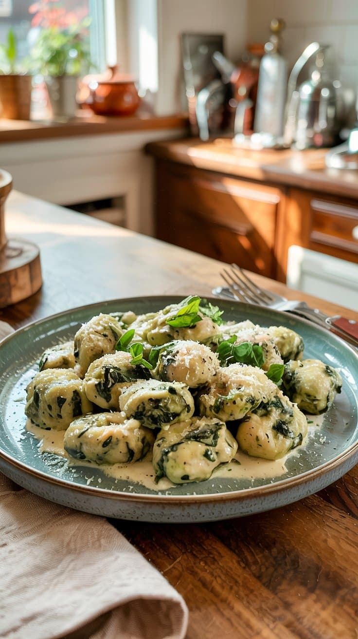 Gnocchis à la ricotta et épinards, sauce crémeuse.