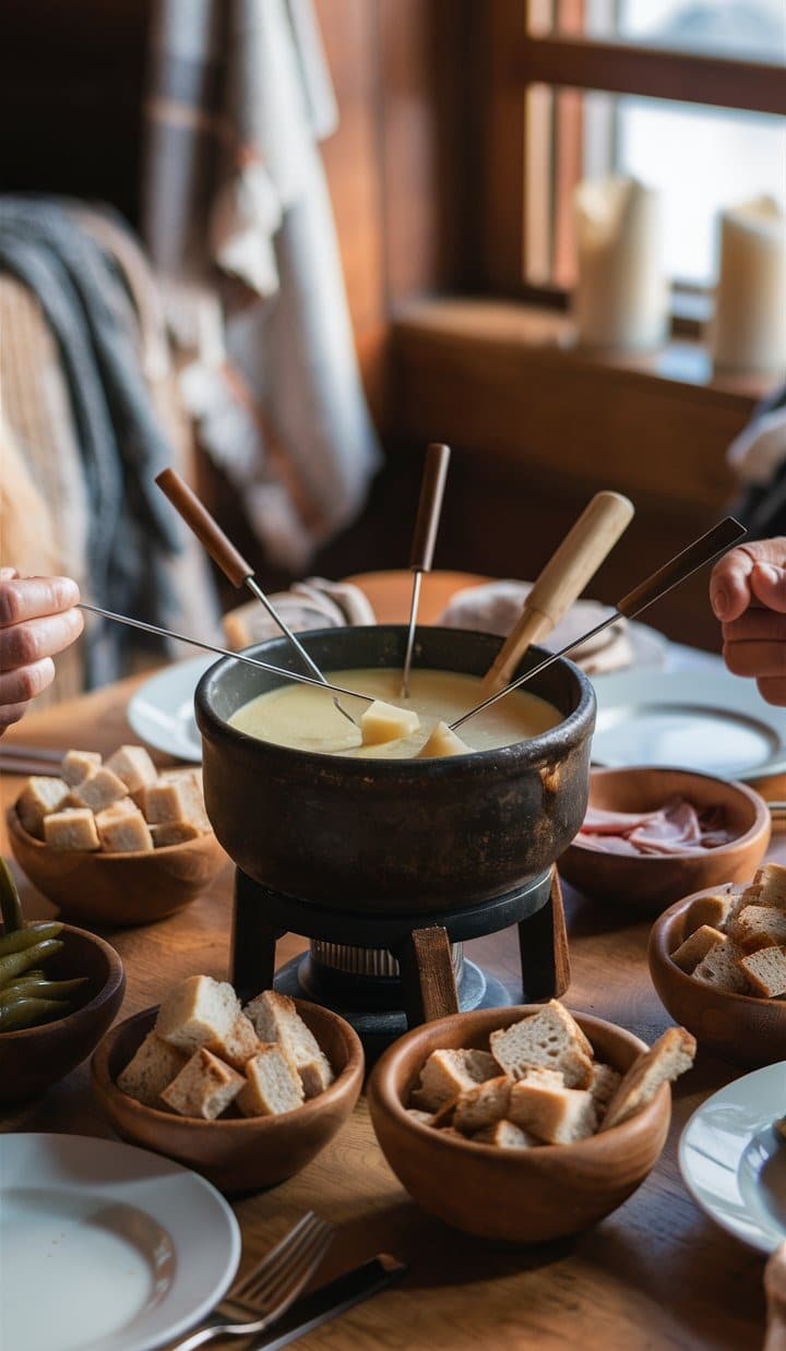 Dîner fondue avec pain et fromage.