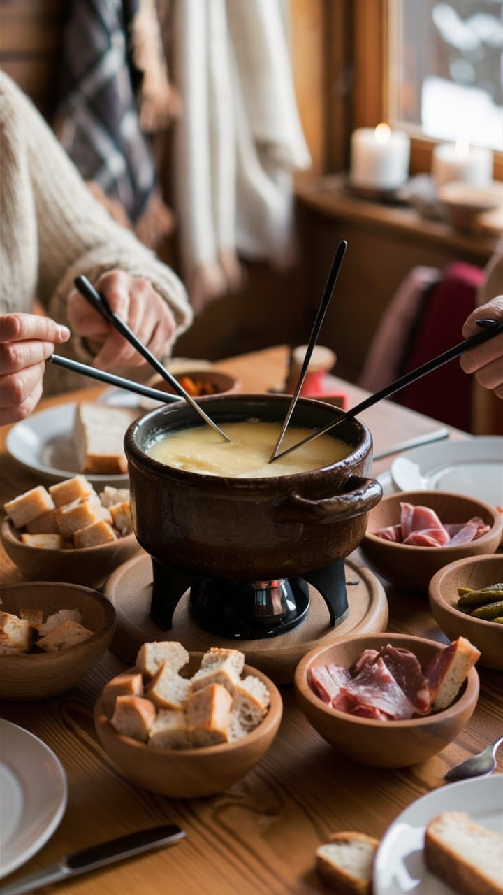 Fondue savoyarde avec pain et charcuterie.