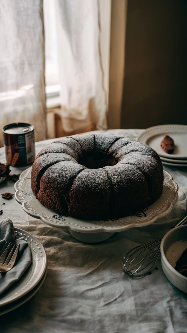 Gâteau au chocolat saupoudré de sucre glace.