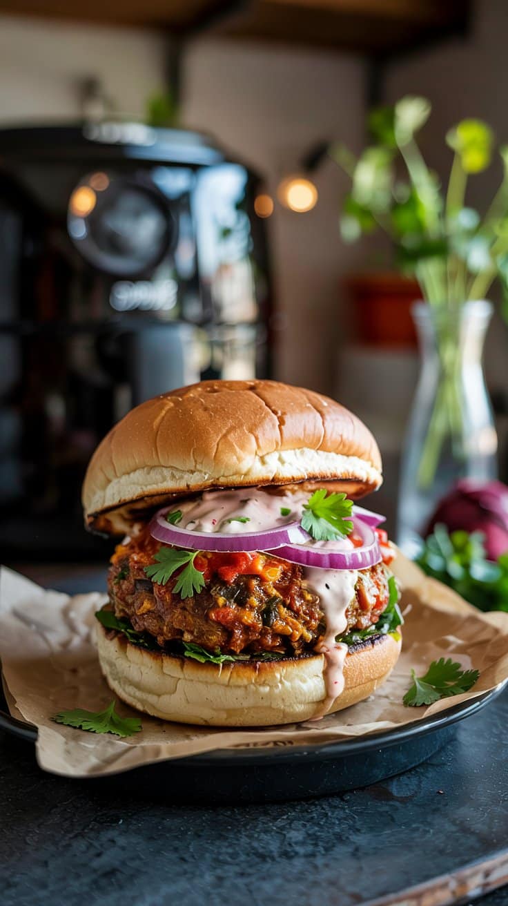 Burger végétalien avec sauce et oignons rouges