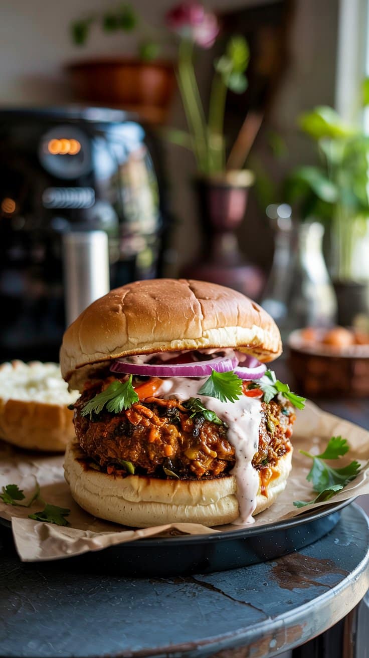 Burger végétarien avec sauce et oignons rouges.