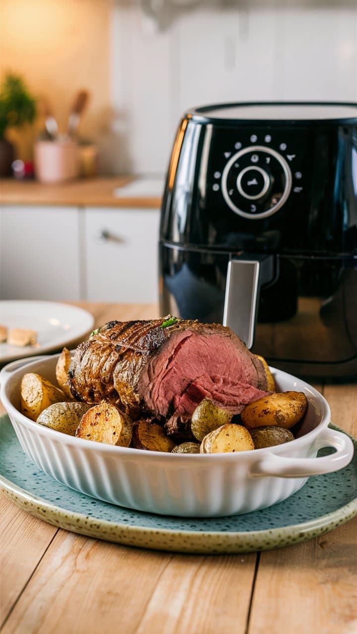 Rôti avec pommes de terre et friteuse.