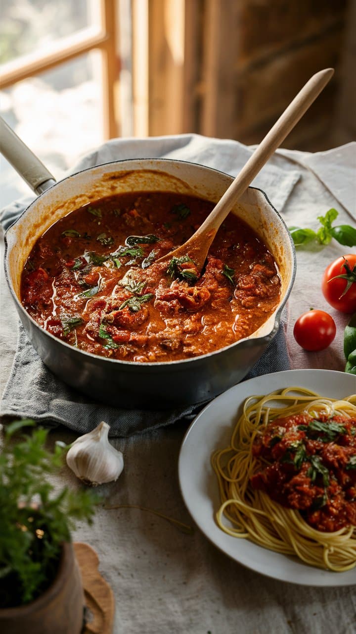 Sauce tomate mijotée dans une casserole avec spaghetti.