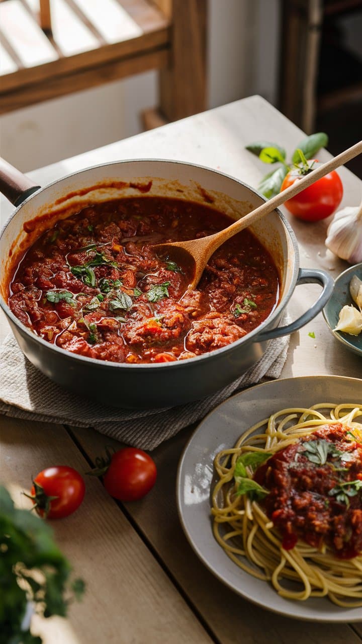 Spaghetti avec sauce tomate maison au basilic.