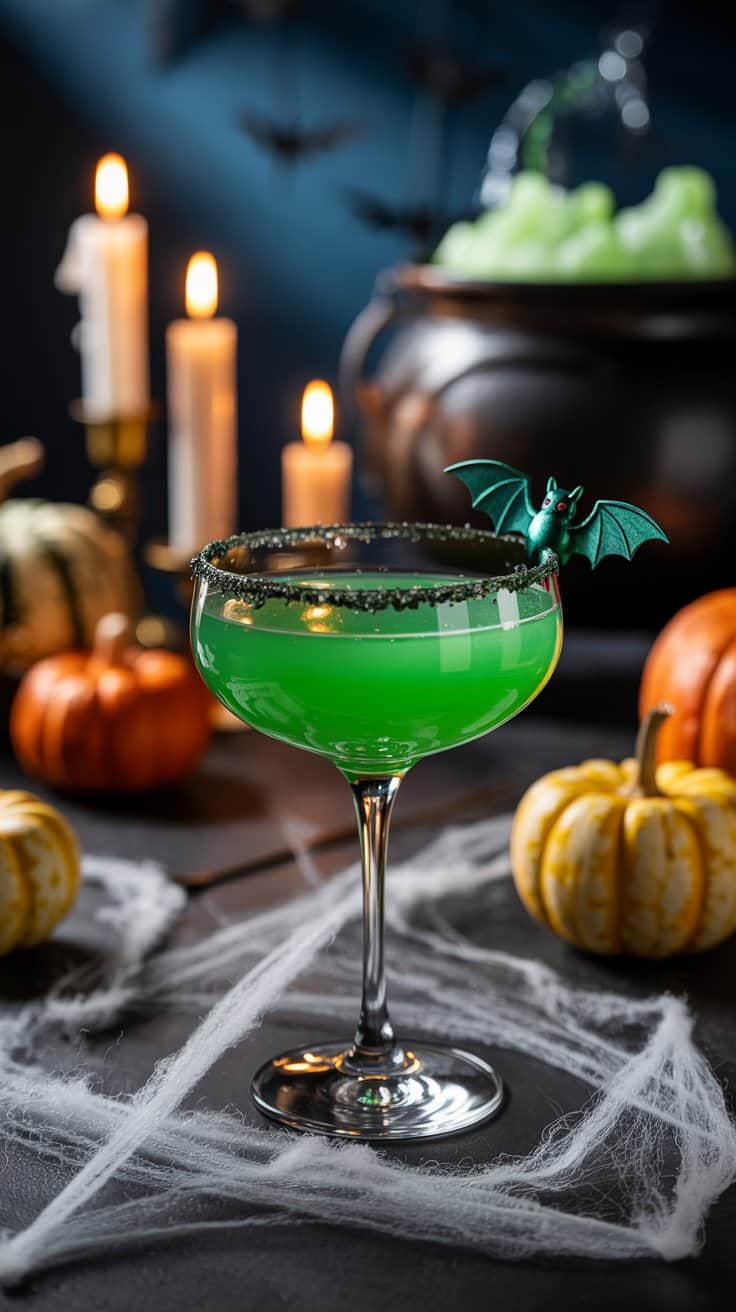 Cocktail vert d'Halloween avec décoration chauve-souris.