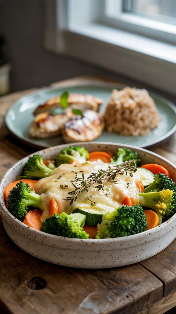 Légumes gratinés avec fromage et viande grillée.