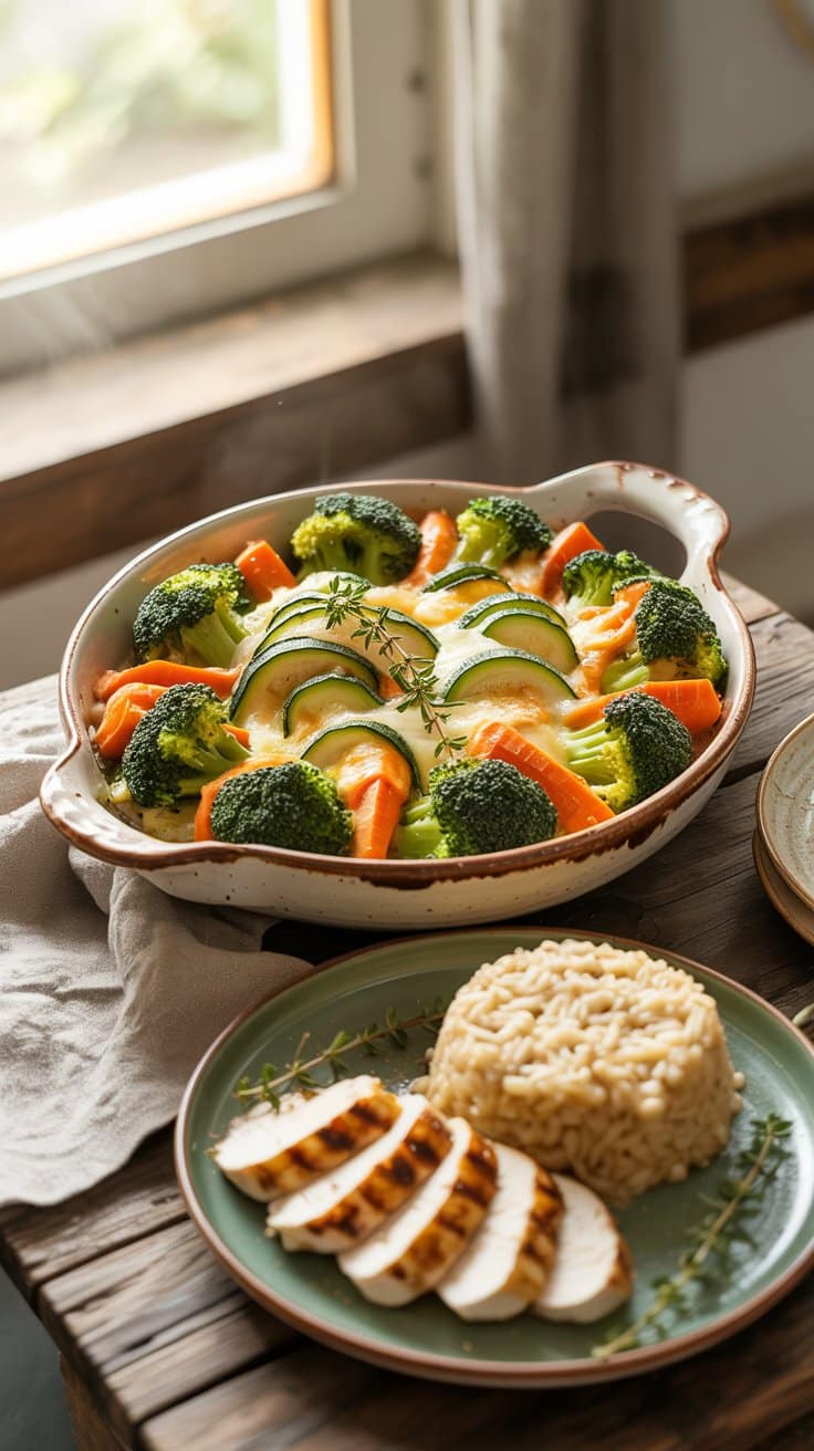 Gratin de légumes et riz avec poulet grillé.