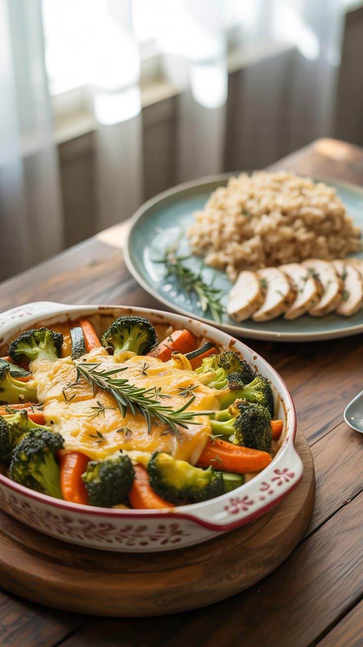 Plat de légumes gratinés et riz poulet.