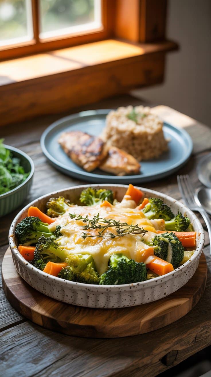 Gratin de légumes au fromage sur table en bois.