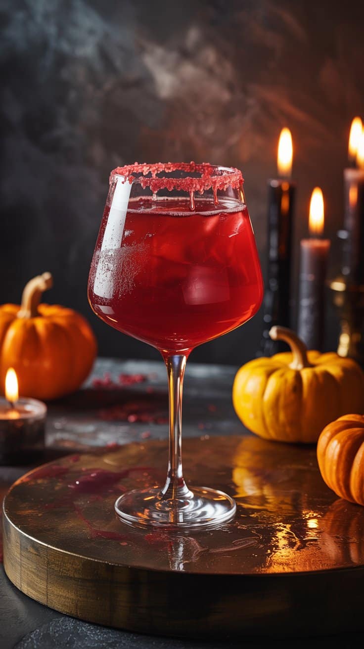 Cocktail rouge avec citrouilles et bougies.