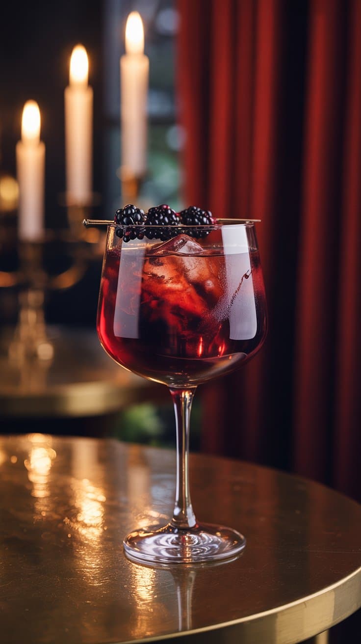 Cocktail aux mûres sur table dorée.
