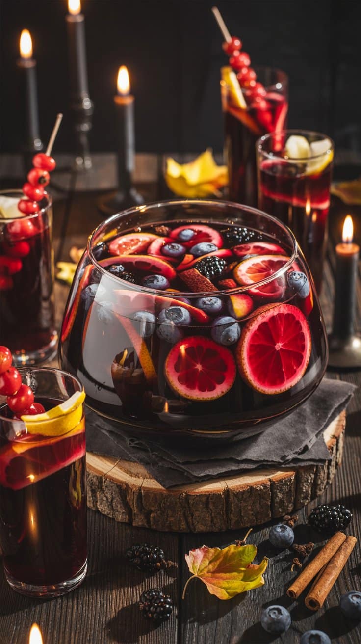 Sangria rouge avec fruits et épices, ambiance hivernale.