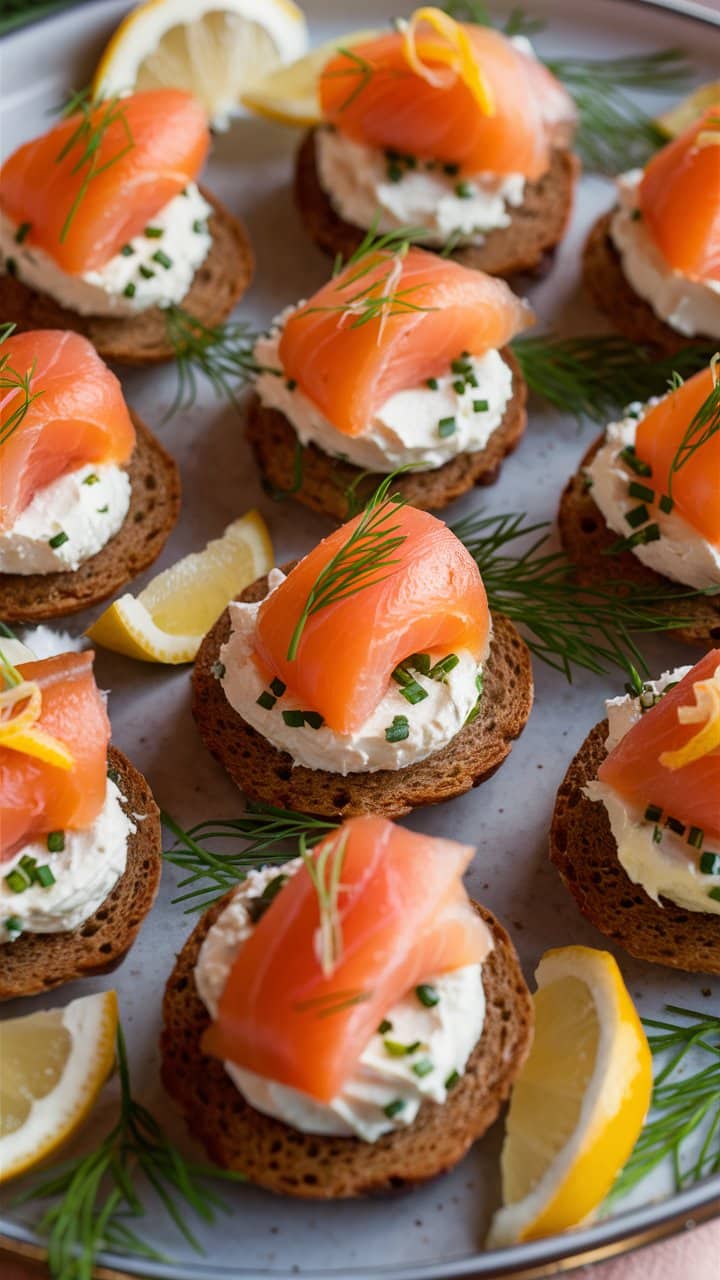 Canapés saumon fumé, fromage frais et aneth.