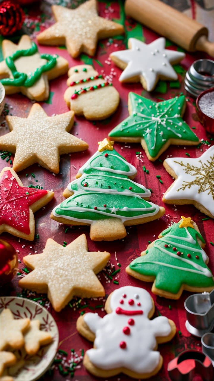 Biscuits de Noël décorés sur une table festive.