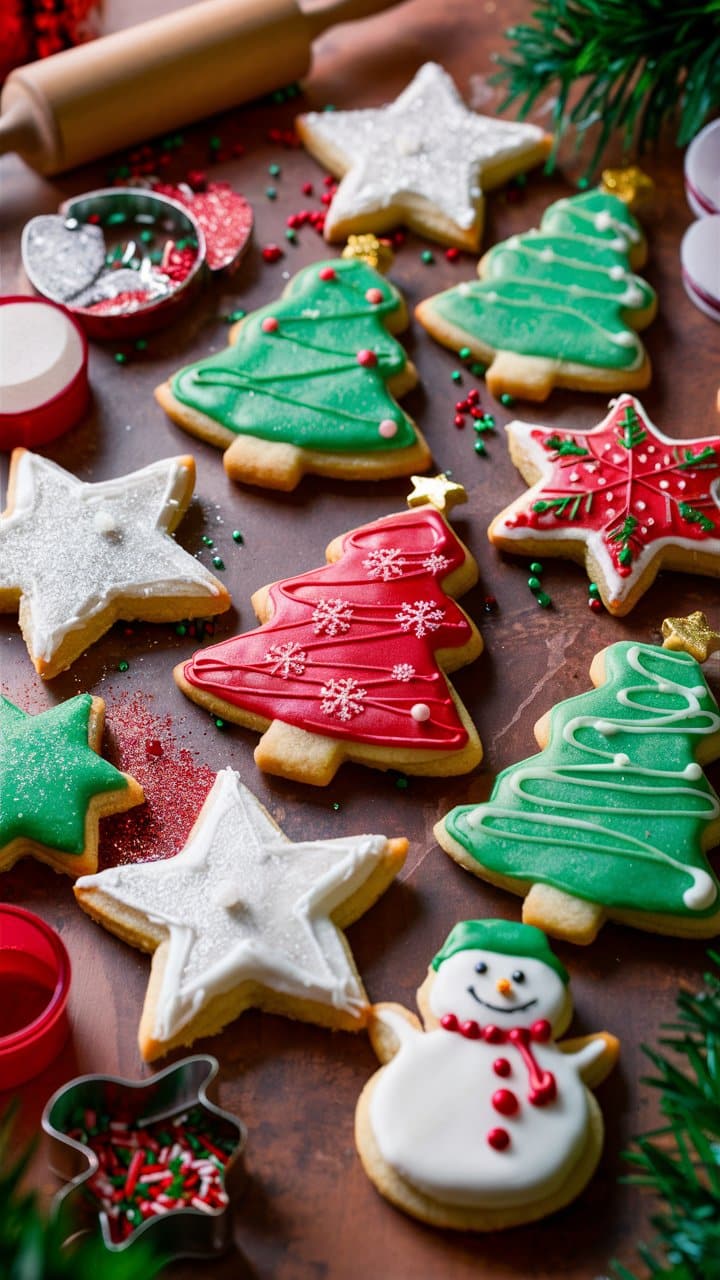 Biscuits de Noël décorés, formes variées.
