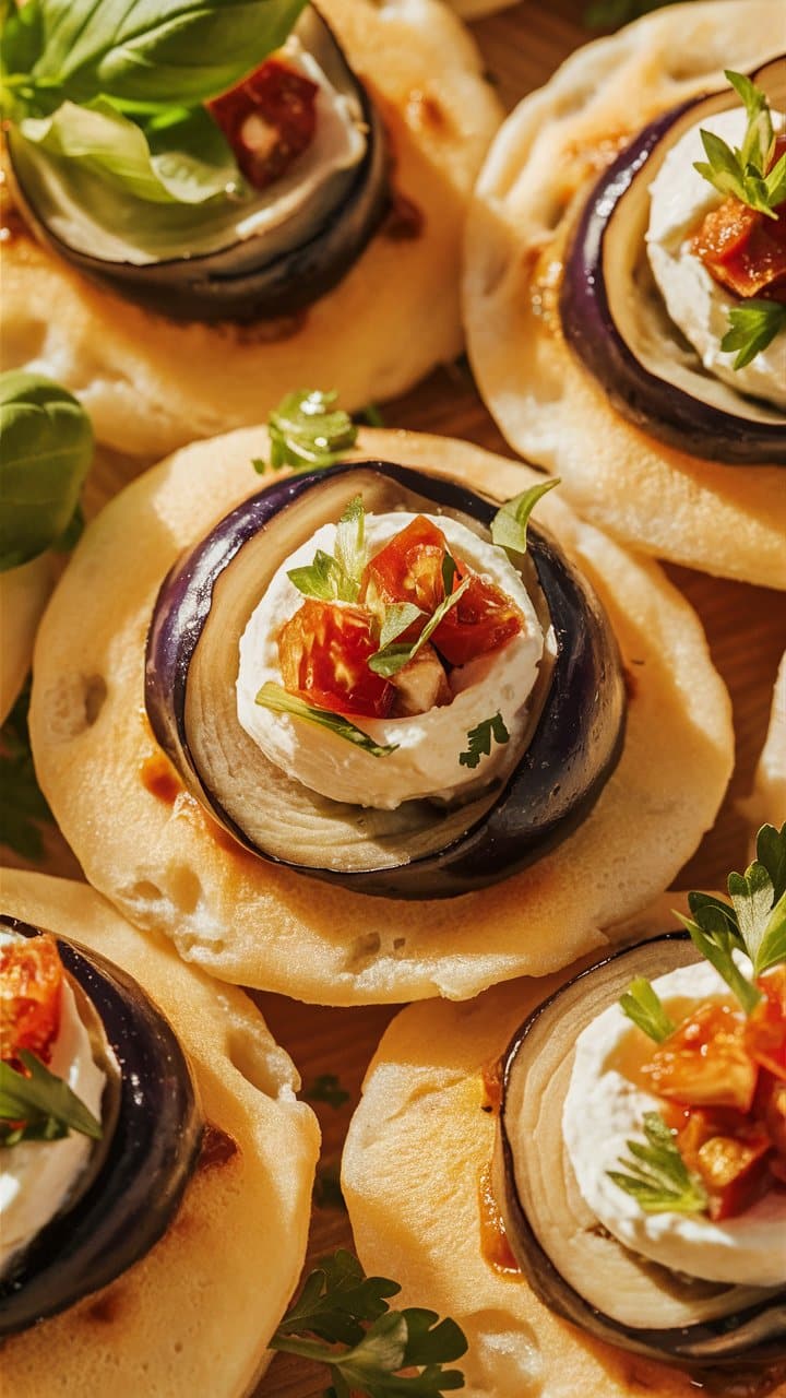 Mini pizzas aux légumes et fromage ornées de basilic.