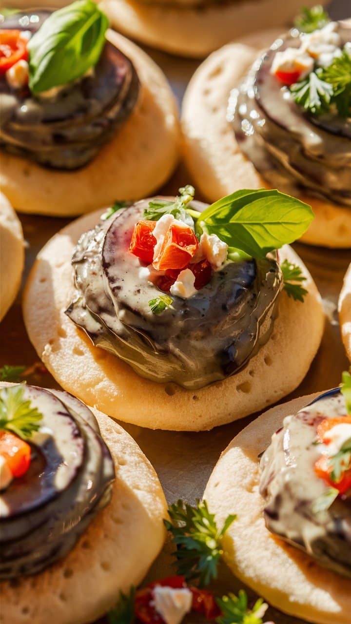 Collations garnies d'aubergines et de basilic