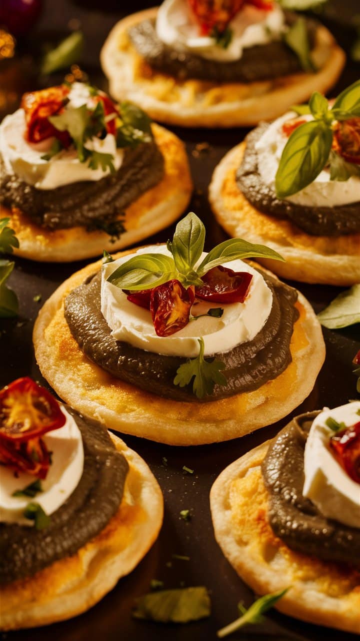 Mini pizzas garnies de fromage et herbes fraîches.