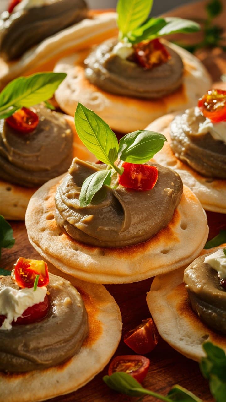 Tartines garnies d'aubergine, tomates et basilic frais.