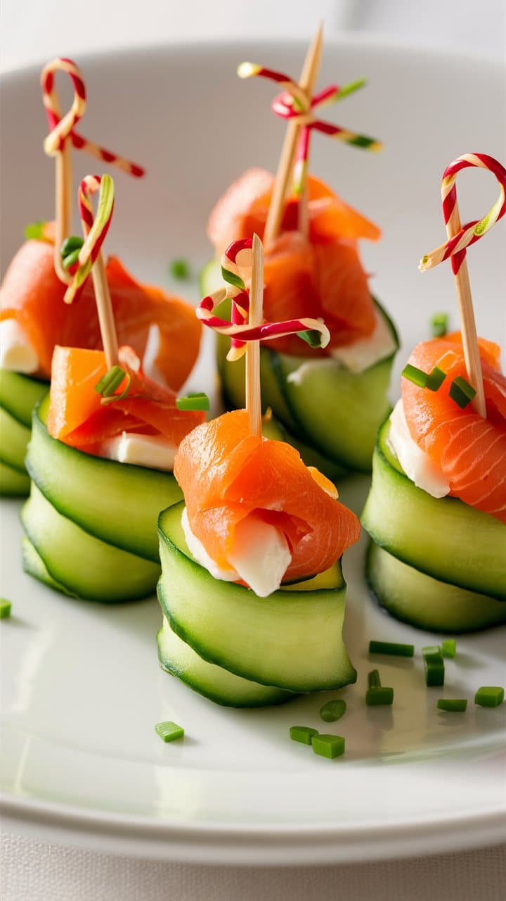 Bouchées apéritives saumon et concombre sur assiette blanche.