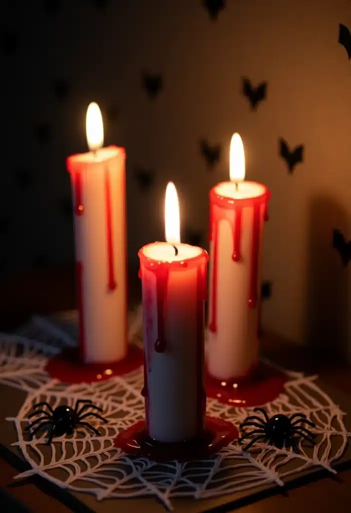 Bougies Halloween avec cire rouge sang et fausses araignées.