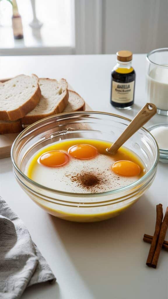 Ingrédients pour pain perdu en préparation.