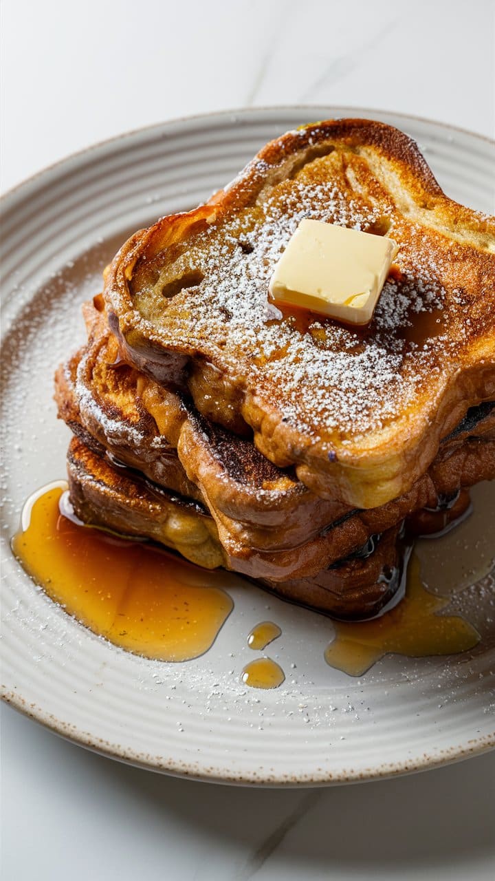 Pain perdu avec sirop et beurre sur assiette blanche.
