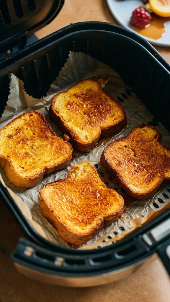Quatre toasts dorés dans une friteuse à air.