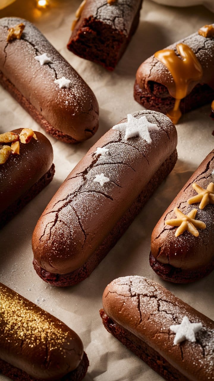 Bûches chocolat décorées étoiles et caramel.