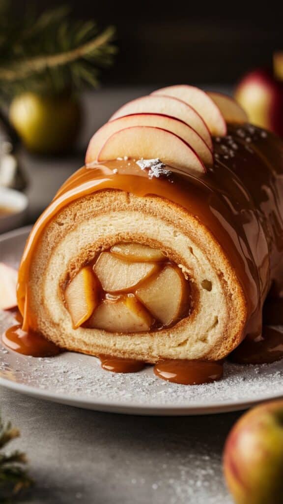 Gâteau roulé aux pommes caramélisées décoré tranches fines.