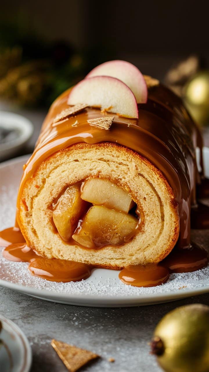 Bûche roulée au caramel et pommes.