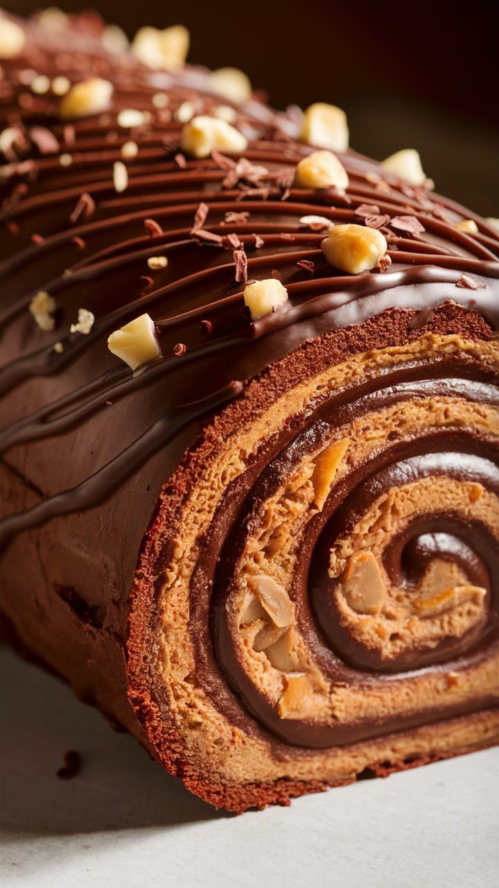 Bûche chocolatée avec amandes et glaçage.