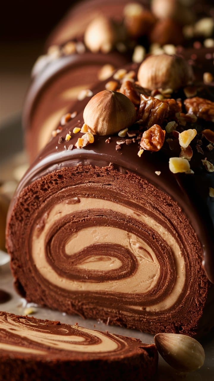 Bûche chocolatée avec noisettes et caramel.