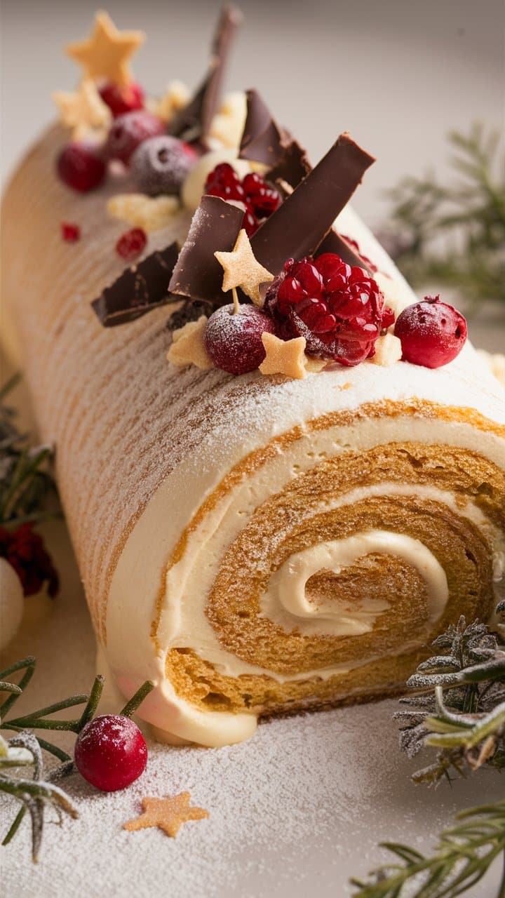 Bûche de Noël décorée de fruits rouges et chocolat.