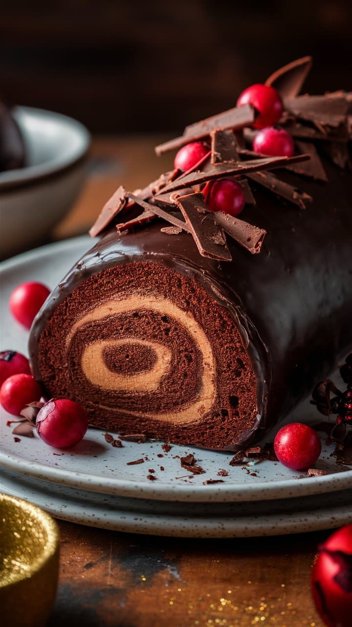 Bûche chocolat crème avec décoration fruits rouges
