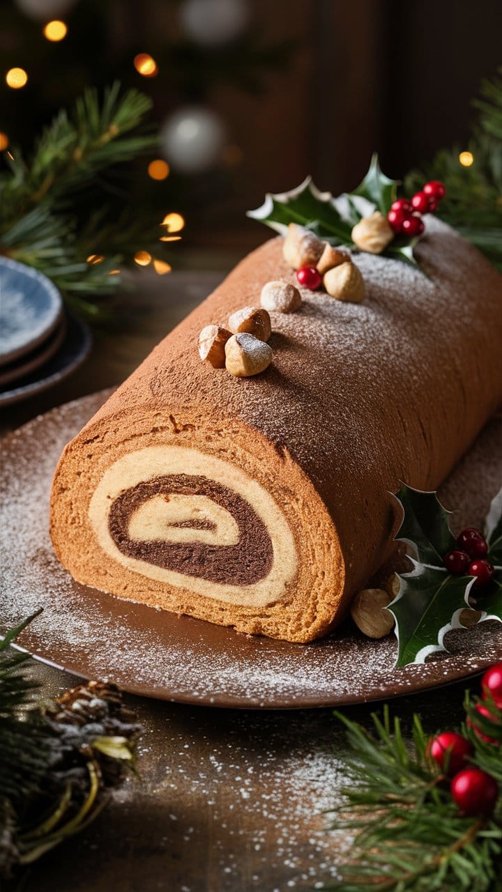 Bûche de Noël chocolatée décorée de houx.