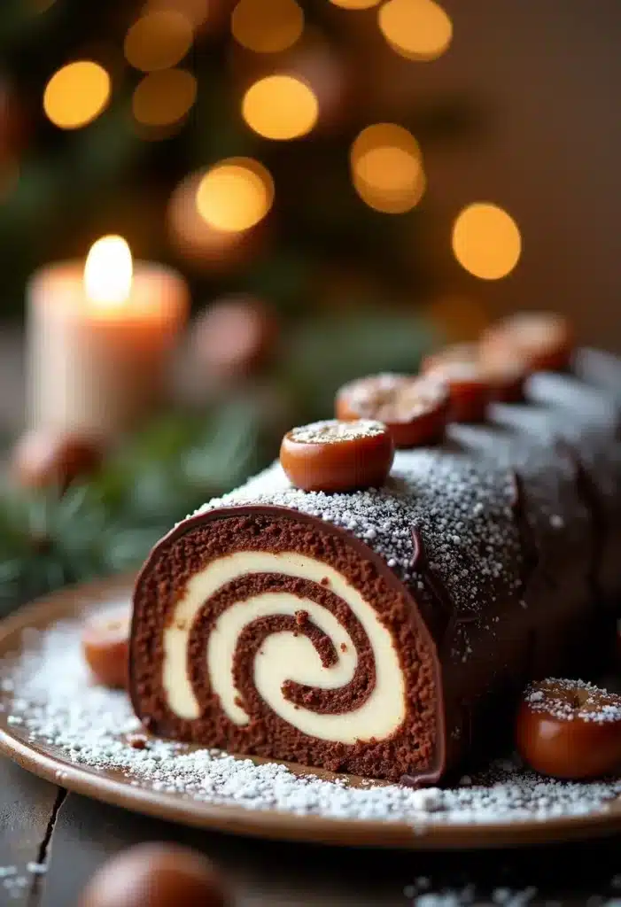 Bûche de Noël chocolat et vanille, décorations festives.