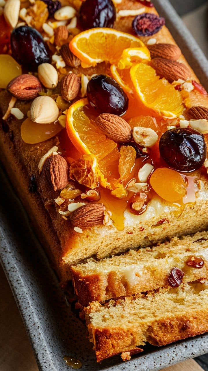 Gâteau aux fruits secs et tranches d'orange.