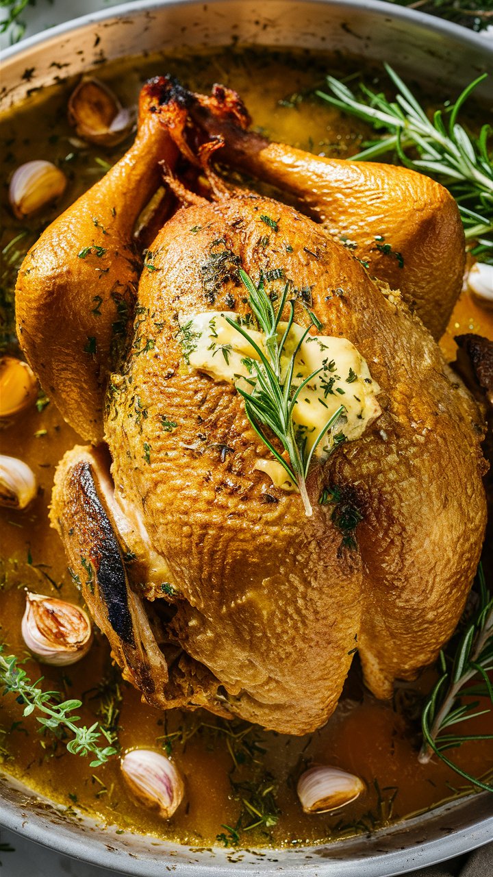 Poulet rôti aux herbes et ail en cuisson.