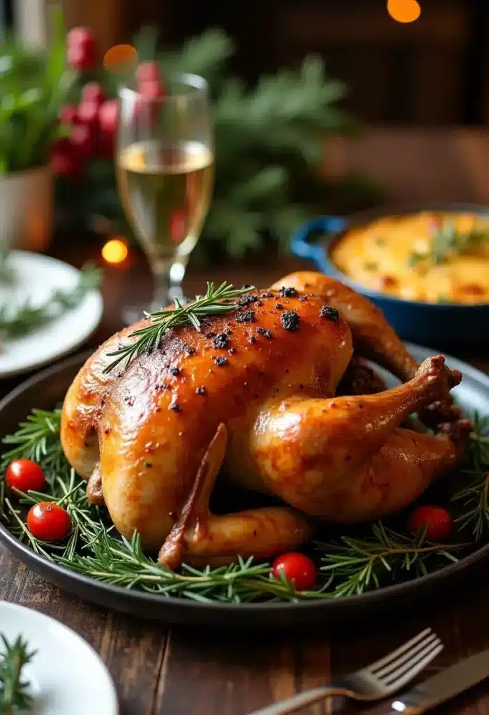 Poulet rôti avec herbes et tomates cerises.