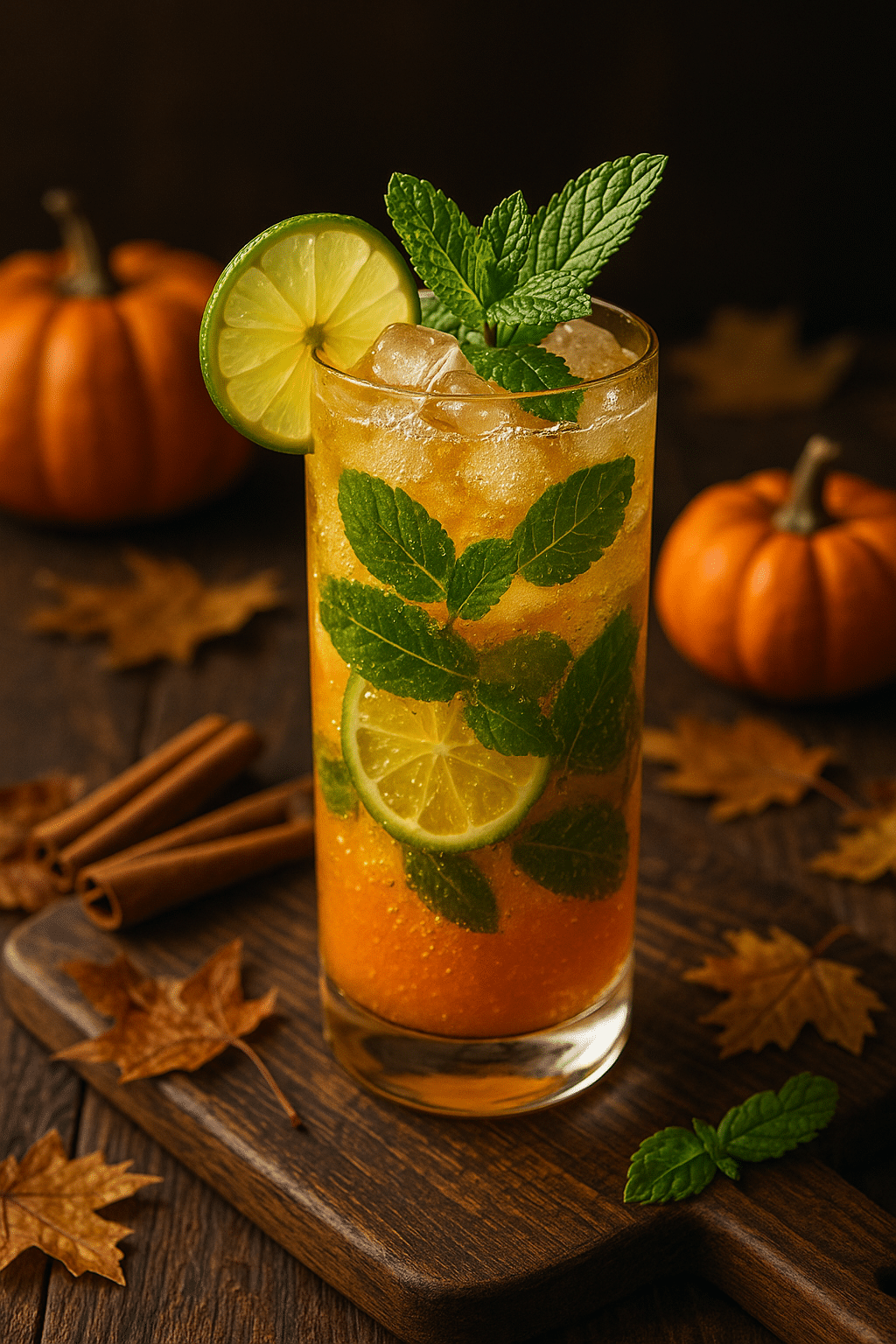 Cocktail automnal avec citrouilles et feuilles de menthe.